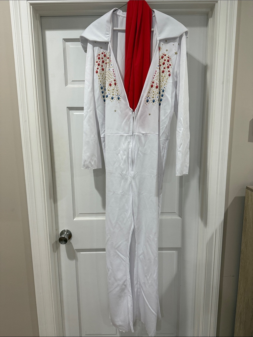 Elvis costume White One-Piece with Red scarf. Wig and glasses included